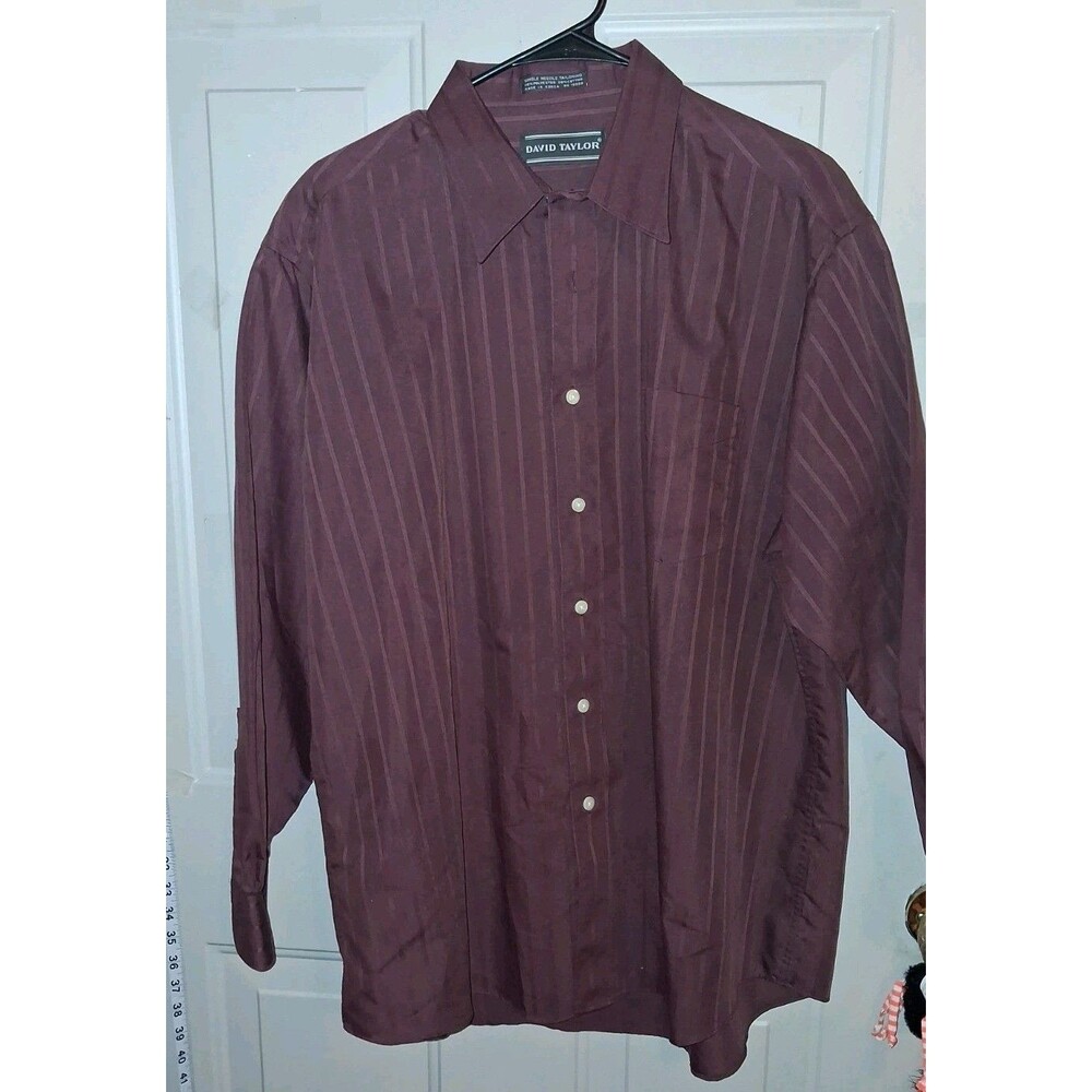 David Taylor Burgundy Striped Dress Shirt Long Sleeve 17 32/33 Button Pockets
